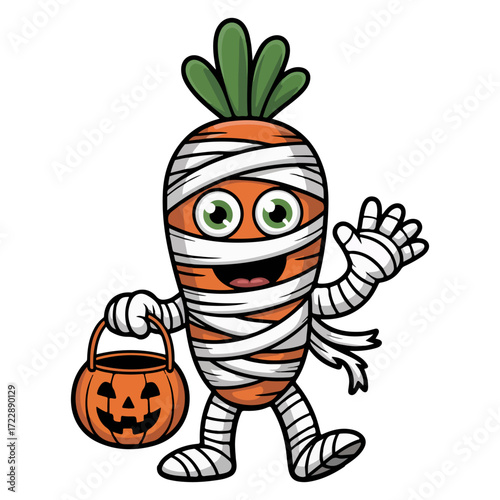 A whimsical Halloween cartoon character of a carrot dressed up as a mummy, joyfully waving a hand while carrying a pumpkin-shaped treat bag.