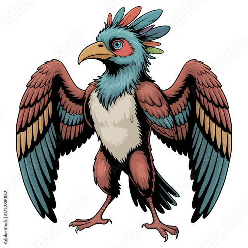 A vibrant illustration of a stylized mythical bird with rainbow-colored plumage, radiating a sense of fantasy and wonder. 