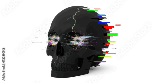 Glitching cranium with visual distortions, skull featuring digital artifacting and radiant energy