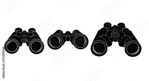 Three black binoculars of varying sizes isolated on a for observation and viewing vector