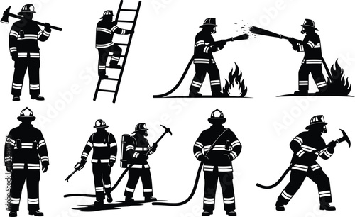 Firefighter silhouette set, black, hose, axe, ladder poses, emergency response theme, vector rescue and safety illustration bundle