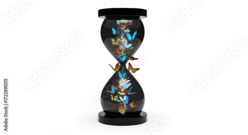 Hourglass filled with vibrant butterflies symbolizing the fleeting nature of existence