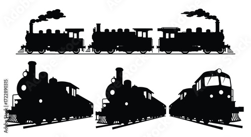 Collection of vintage steam trains silhouettes on tracks for transportation and nostalgia themes vector