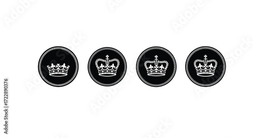 Four ornate crowns displayed vertically in circular black emblems with white outline detail vector