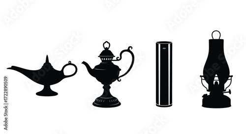 Silhouette collection vintage lamps genie teapot aladdin lamp oil lantern candle holder vector
