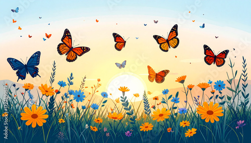 Meadow Sunset with Butterflies
