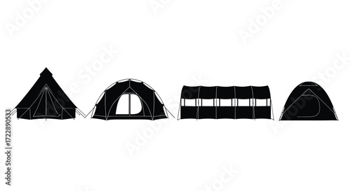 Diverse black silhouettes of camping tents showcasing various designs for outdoor adventures vector