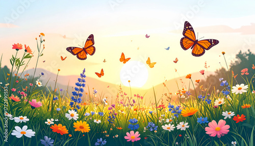 Meadow Sunset with Butterflies