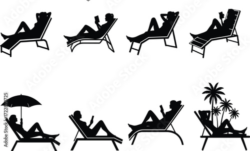 Lounging silhouette set, black, reclining chairs, reading poses, beach and poolside styles, umbrella and palm tree, vector relaxation illustration bundle