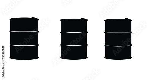 Three black industrial oil drums standing side by side isolated on a vector
