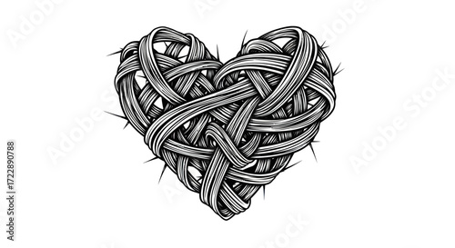 Intricate woven heart shape interlaced and surrounded by thorns on a white backdrop