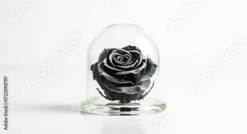 Isolated black rose enclosed in a glass dome, representing elegance and everlasting remembrance