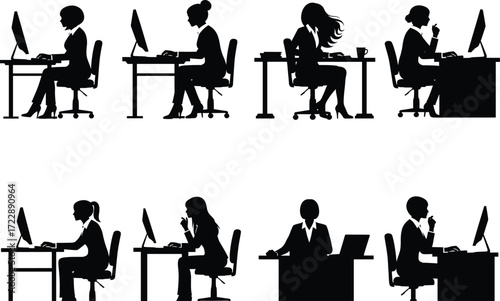 Office desk silhouette set, black, seated poses, typing, leaning, cup holding, desktop monitor use, vector workplace posture illustration bundle