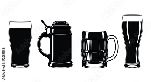 Collection of four diverse beer glasses filled with dark brew silhouette isolated on white vector