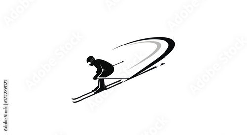 Minimalist alpine skier emblem capturing speed and precision with sleek dynamic lines