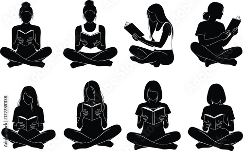 Reading silhouette set, black, cross-legged poses with books, casual outfits, concentration theme, vector educational and lifestyle illustration bundle
