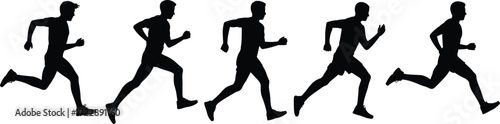 Running silhouettes, human stride sequence, black and white vector, athlete motion, sports science, biomechanics study, fitness design, exercise art, animation reference, stock image