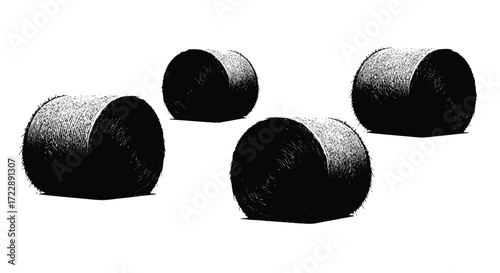 Four black round straw hay bales grouped together on a white surface vector