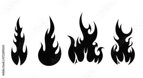 Set of four hand drawn black flame icons representing fire energy and heat in a stylized design. vector