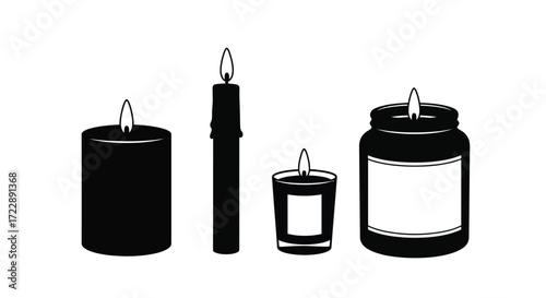 Group of four illuminated black candles and jar with blank label for aroma and decoration vector