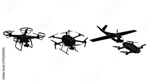 Silhouette collection of drones and aerial photography aircraft vector