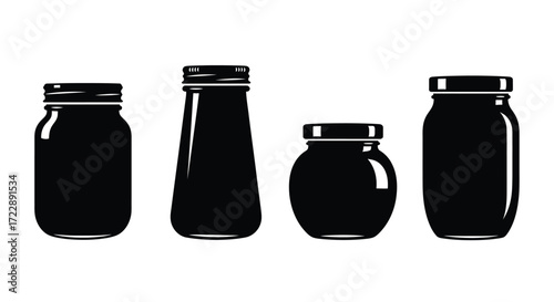 Four different sized glass jars filled with dark contents ready for packaging and labeling vector