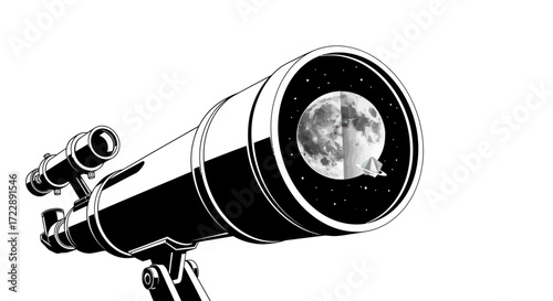 Monochromatic telescope view capturing the celestial sphere including the moon and spaceship voyage