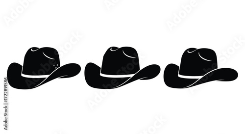 Three black cowboy hats lined up together minimalist style western wear accessory vector