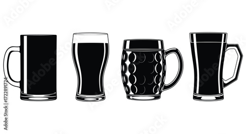 Collection of four diverse silhouettes of beer mugs filled with dark beverage vector