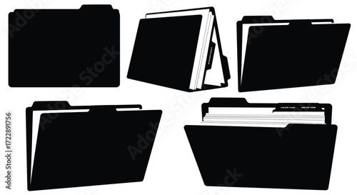 Collection of five black silhouette folders representing organization and data management icons vector