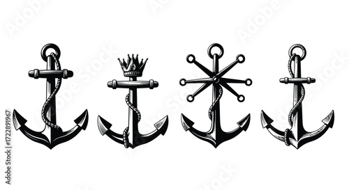 Collection of four nautical anchor icons with vintage appeal for maritime design projects vector