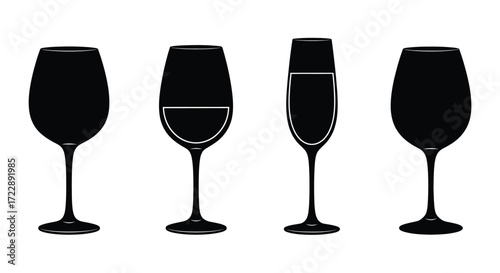 Four silhouettes of different wine and champagne glasses on a vector