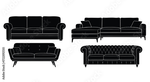 Collection of classic chesterfield sofa silhouettes and modern sectional furniture sets vector