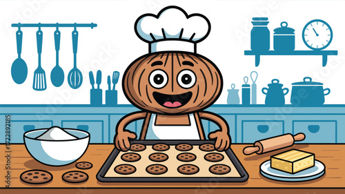 Cheerful cartoon onion chef proudly presents freshly baked cookies in a cozy kitchen