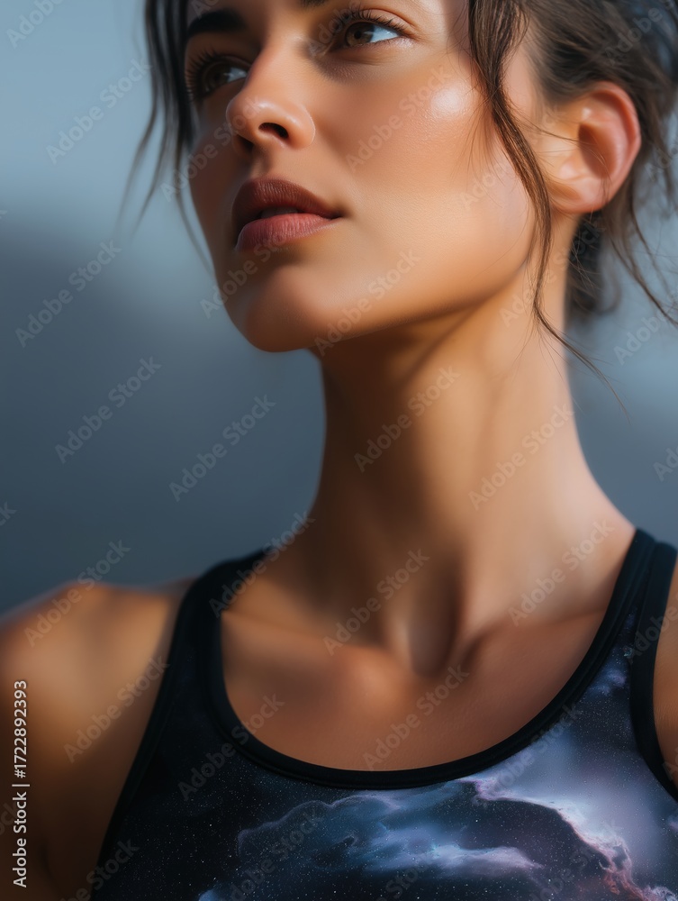 Fototapeta premium Close-up portrait of a young woman's face and upper body. she is wearing a black tank top with a purple and blue galaxy print on it.