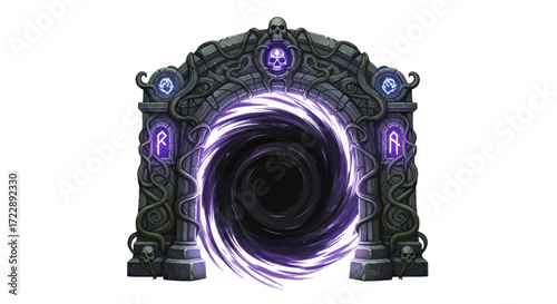 Mystical gateway with skull motif and swirling portal offering passage between realms