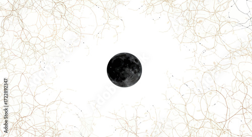 Mystical moon enveloped by ethereal networks with abstract connection patterns surrounding it