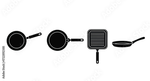 Collection of assorted cooking pans and griddle featuring frying pans and square grill pan vector