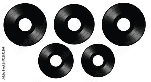 Five black vinyl records with center holes arranged in a dynamic pattern ready for music playback vector