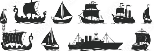 Ship silhouettes, black and white vector, boat illustration, maritime design, naval vessel icon, sailing art, stock image, historical transport, sea travel, ocean drawing