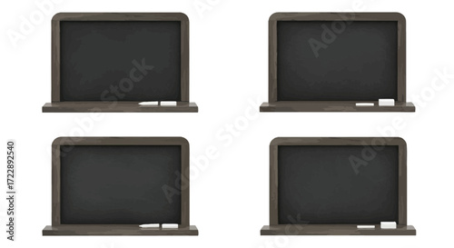 Four realistic chalkboards with chalk tray displaying digital artistry and educational tools vector
