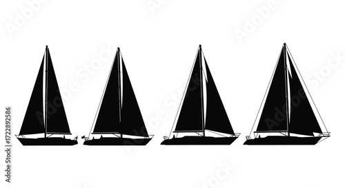 Four black sailboats in a row representing maritime adventure and travel on the water vector