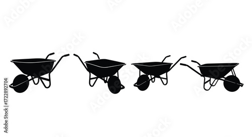 Four distinct silhouettes of classic garden wheelbarrows lined up for work vector
