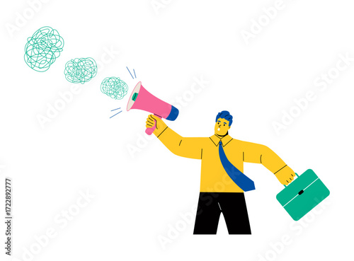 Business man holding megaphone talking through messy chaos. Miscommunication concept. Flat vector illustration isolated on white background