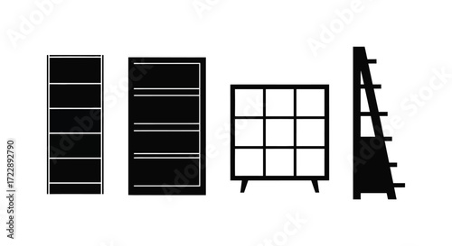 Collection of modern shelving units and display cabinets for home or office storage vector