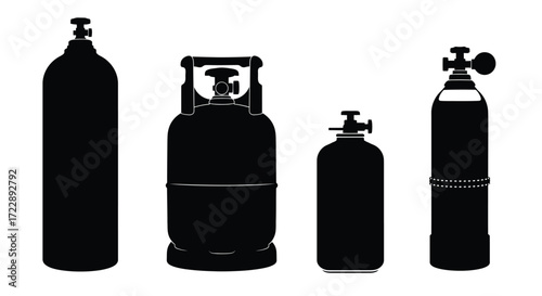 Diverse industrial gas cylinders silhouettes industrial equipment storage containers manufacturing safety vector