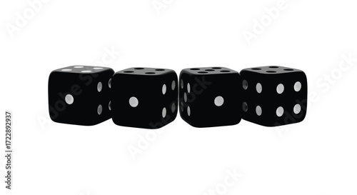 Four black dice arranged in a row displaying white pips for gambling gaming and chance on vector