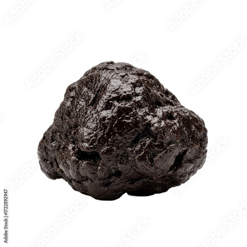 Dense, viscous glob of dark, sludgy brown crude oil, irregular, dull, matte, subtle textures, isolated on transparent background with studio lighting, environmental pollution concept