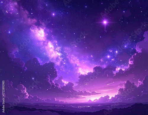 Purple Night Sky with Glowing Stars and Clouds