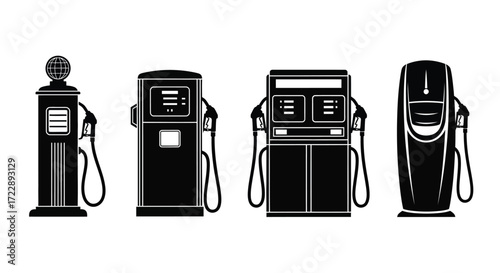Collection of vintage and modern gasoline fueling pumps isolated on vector